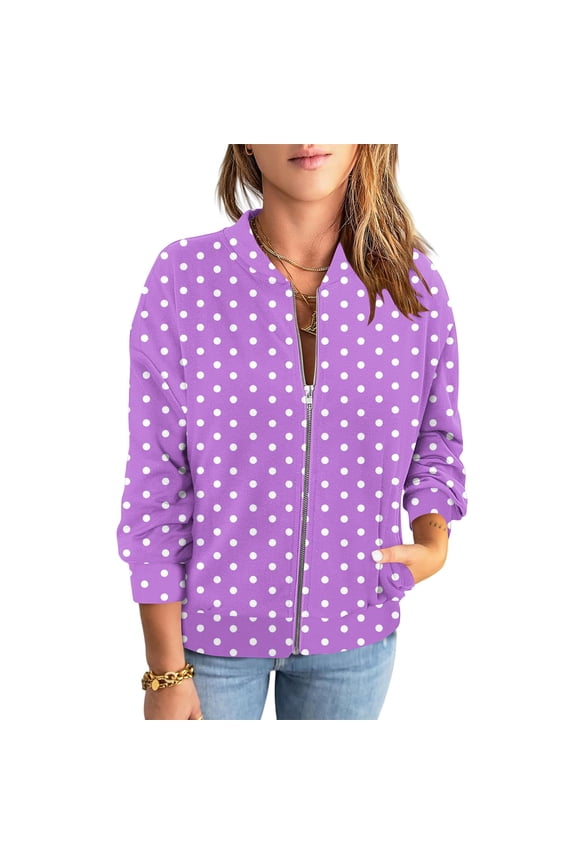 Womens Zip Up Jacket, Bomber Jackets for Women Fall Fashion Dots Printed Coats Lightweight Jackets Dressy Casual