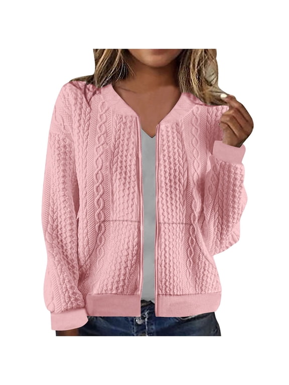 Womens Zip Up Jacket Cardigan Fall Casual Outwear Cable Knit Long Sleeve Solid Hoodless Bomber Coat with Pockets (2XL, Pink 01)
