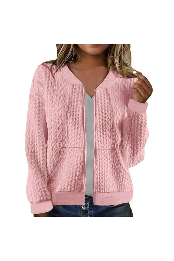 Womens Zip Up Jacket Cardigan Fall Casual Outwear Cable Knit Long Sleeve Solid Hoodless Bomber Coat with Pockets (2XL, Pink 01)