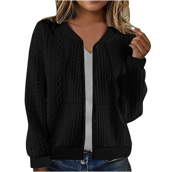 Womens Zip Up Jacket Cardigan Fall Casual Outwear Cable Knit Long Sleeve Solid Hoodless Bomber Coat with Pockets (L, Black)