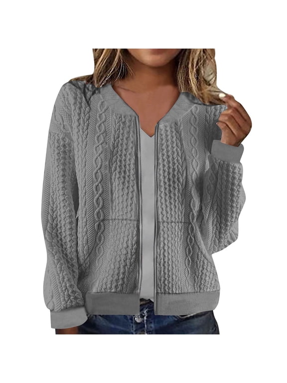Womens Zip Up Jacket Cardigan Fall Casual Outwear Cable Knit Long Sleeve Solid Hoodless Bomber Coat with Pockets (L, Gray 01)
