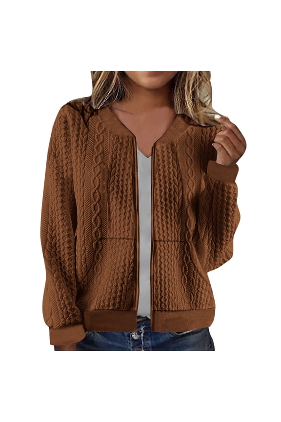 Womens Zip Up Jacket Cardigan Fall Casual Outwear Cable Knit Long Sleeve Solid Hoodless Bomber Coat with Pockets (S, Brown)
