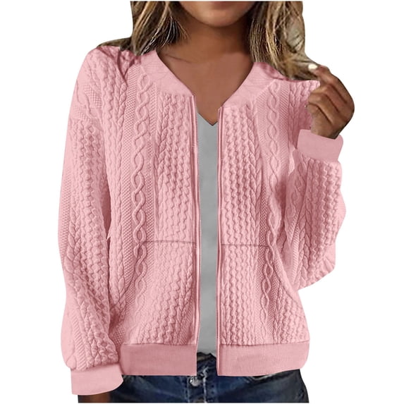 Womens Zip Up Jacket Cardigan Fall Casual Outwear Cable Knit Long Sleeve Solid Hoodless Bomber Coat with Pockets (S, Pink 01)