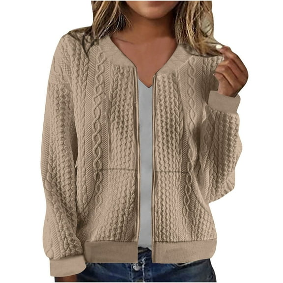 Womens Zip Up Jacket Cardigan Fall Casual Outwear Cable Knit Long Sleeve Solid Hoodless Bomber Coat with Pockets (XL, Khaki 01)