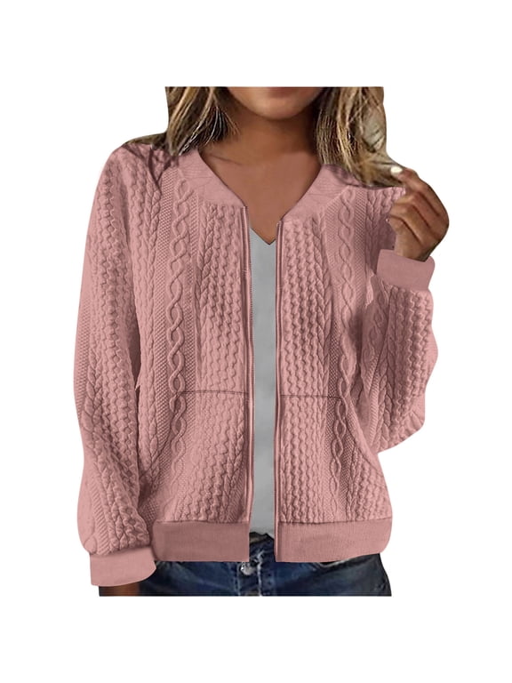 Womens Zip Up Jacket Cardigan Fall Casual Outwear Cable Knit Long Sleeve Solid Hoodless Bomber Coat with Pockets (XL, Pink)