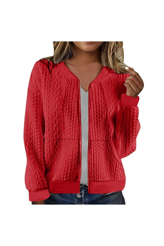 Womens Zip Up Jacket Cardigan Fall Casual Outwear Cable Knit Long Sleeve Solid Hoodless Bomber Coat with Pockets (XL, Red)
