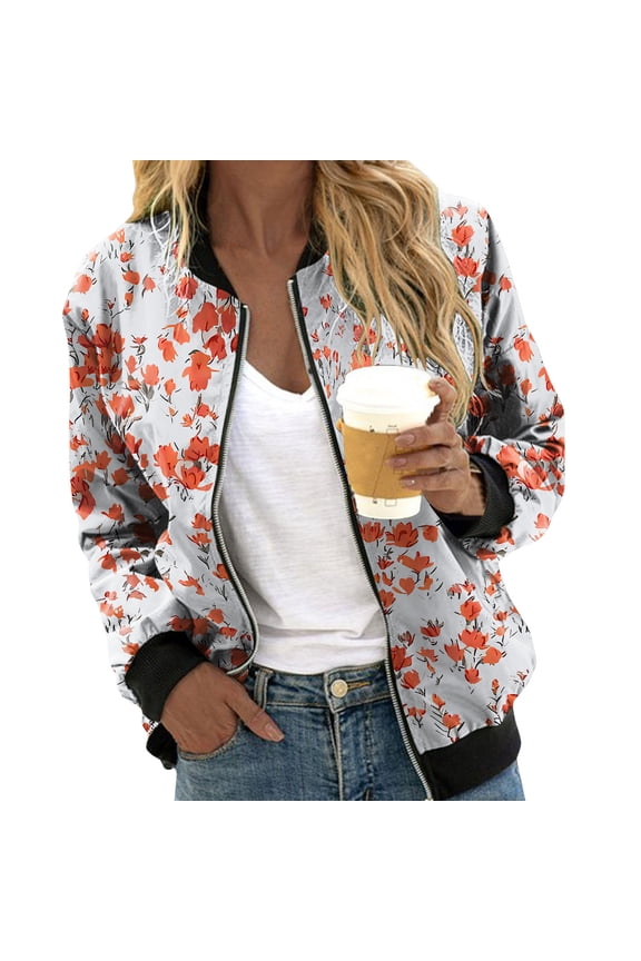Womens Zip Up Jacket Lightweight Leopard Printed Full Zip Cropped Coat Trendy Long Sleeve Bomber Jacket with Pockets