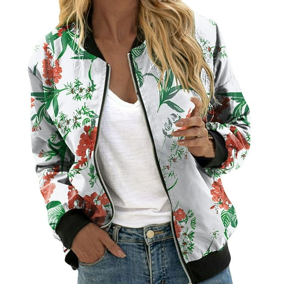 Womens Zip Up Jacket Lightweight Leopard Printed Full Zip Cropped Coat Trendy Long Sleeve Bomber Jacket with Pockets