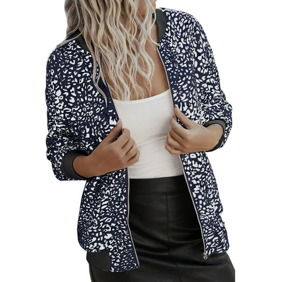 Womens Zip Up Jacket Lightweight Leopard Printed Full Zip Cropped Coat Trendy Long Sleeve Bomber Jacket with Pockets