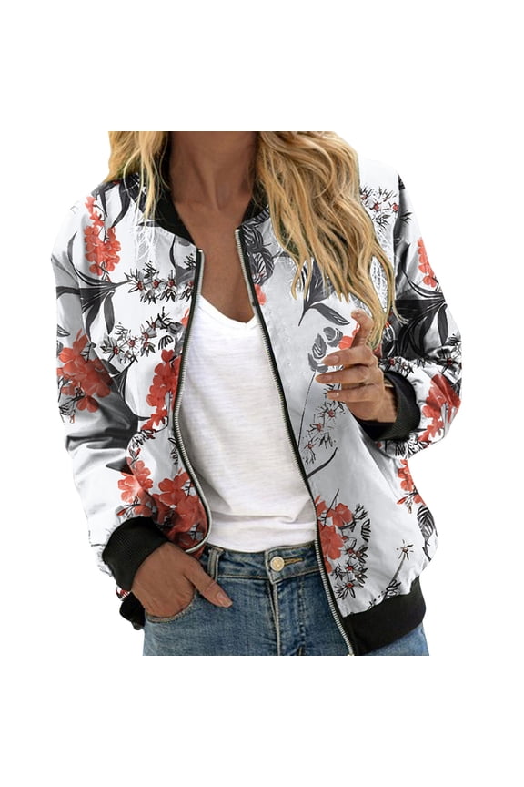 Womens Zip Up Jacket Lightweight Leopard Printed Full Zip Cropped Coat Trendy Long Sleeve Bomber Jacket with Pockets