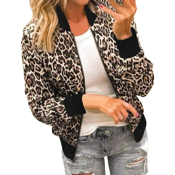 Womens Zip Up Jacket Lightweight Leopard Printed Full Zip Cropped Coat Trendy Long Sleeve Bomber Jacket with Pockets