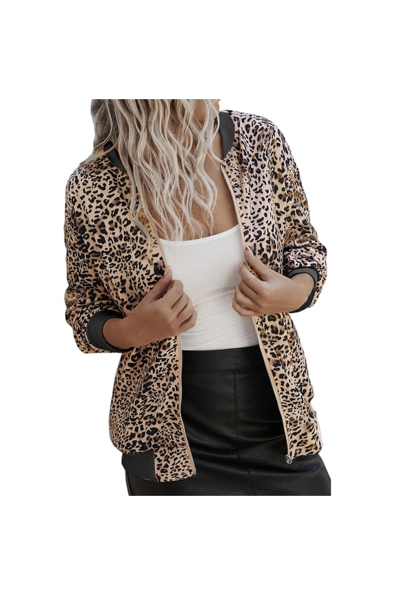 Womens Zip Up Jacket Lightweight Leopard Printed Full Zip Cropped Coat Trendy Long Sleeve Bomber Jacket with Pockets