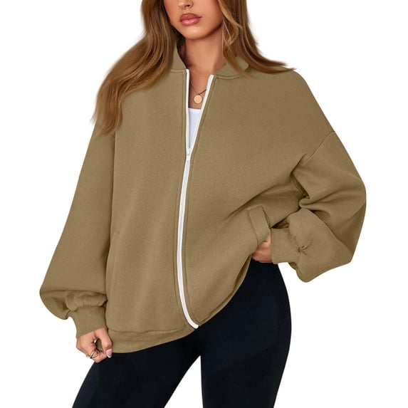 Womens Zip Up Jacket No Hood Casual Spring Fall Lightweight Oversized Bomber Jacket Trendy Hoodless Sweat Jacket 2XL