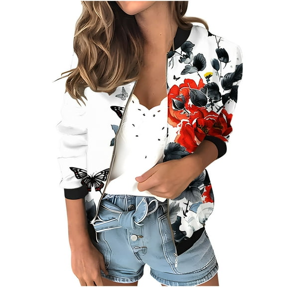 Womens Zip Up Jacket No Hood Cropped Bomber Coat Long Sleeve Floral Printed Light Casual Spring Fall Outerwear, White M