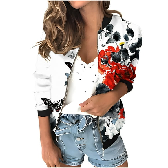 Womens Zip Up Jacket No Hood Cropped Bomber Coat Long Sleeve Floral Printed Light Casual Spring Fall Outerwear, White S