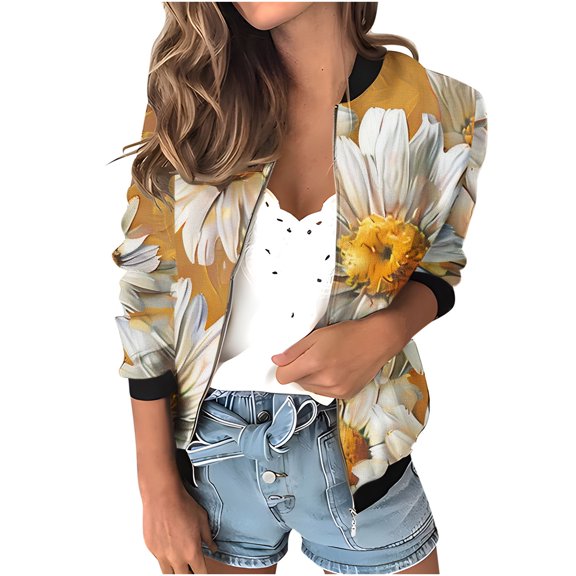 Womens Zip Up Jacket No Hood Cropped Bomber Coat Long Sleeve Floral Printed Light Casual Spring Fall Outerwear, Yellow M