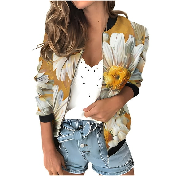 Womens Zip Up Jacket No Hood Cropped Bomber Coat Long Sleeve Floral Printed Light Casual Spring Fall Outerwear, Yellow XXL