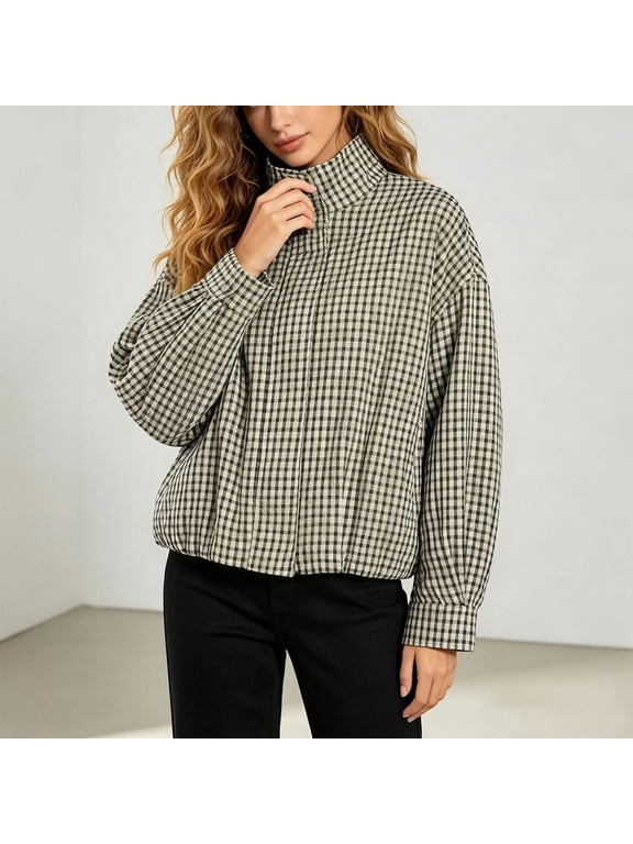 Womens Zip Up Jacket Plaid Turtleneck Loose Top Casual Long Sleeve Blouse Relaxed Fit Plaid Pullover Soft Clothing for Fall Winter Office Streetwear