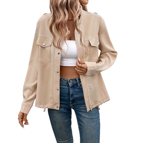 Womens Zip Up Jacket Roll Tab Sleeve Flap Pocket Drawstring Hem Utility Cropped Jackets Khaki XL