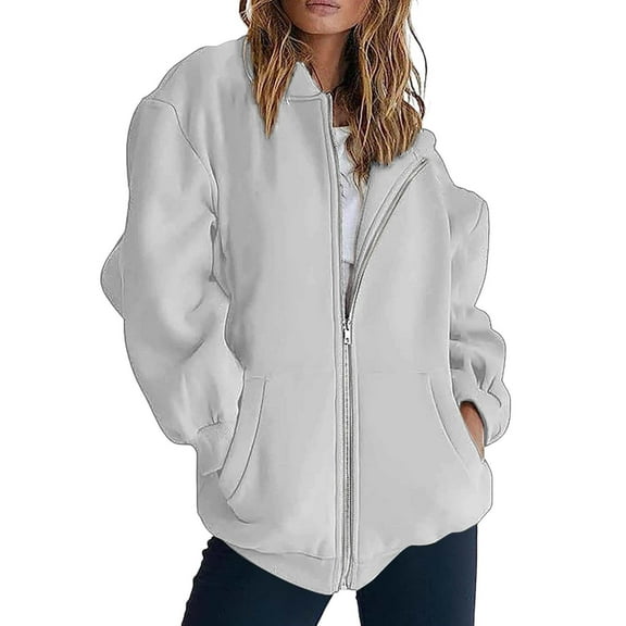 Womens Zip Up Jacket, Yigetop Women's Sweatshirt Jacket Long Sleeve Solid Color Casual Loose Coat Zip Up Hoodie Women Lightweight Light Ashy 2XL