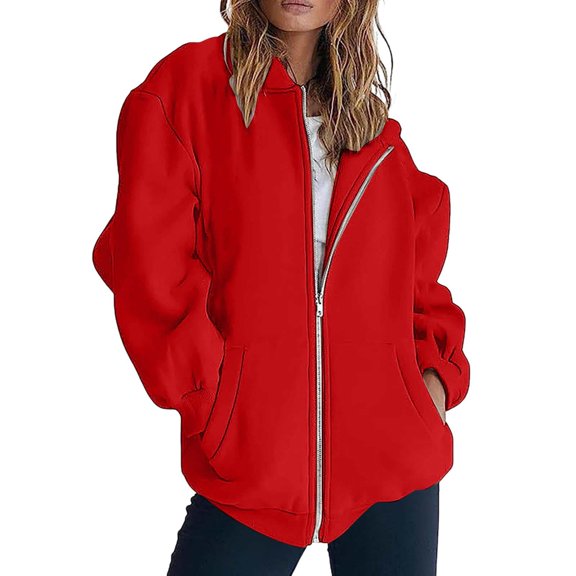 Womens Zip Up Jacket, Yigetop Women's Sweatshirt Jacket Long Sleeve Solid Color Casual Loose Coat Zip Up Hoodie Women Lightweight Red 3XL