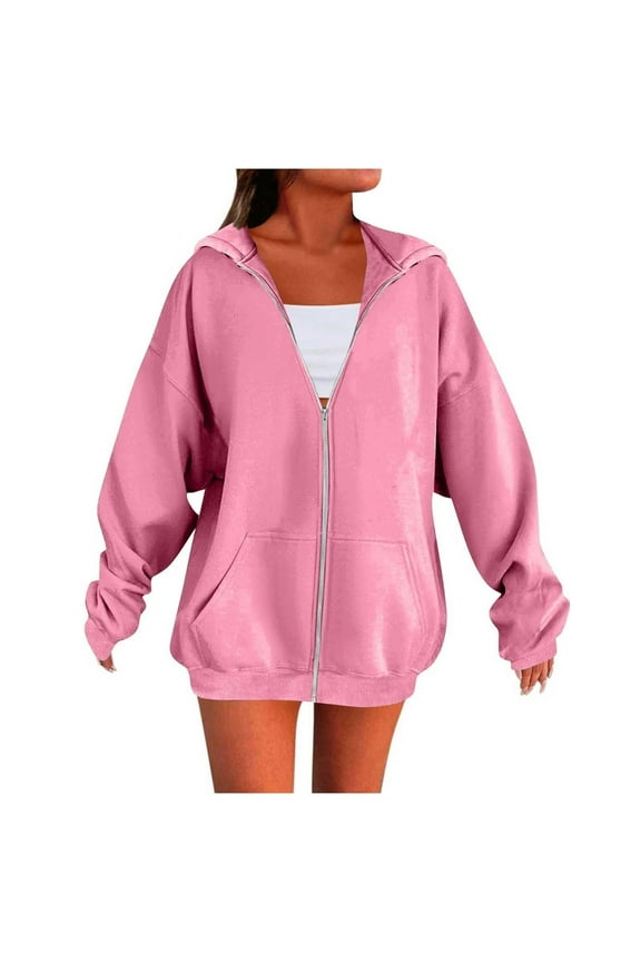 Womens Zip Up Jacket with Hood Pockets Oversized Long Sleeve Hoodie Sweatshirts Full Zipper Jackets Fall Outerwear (S, Pink)