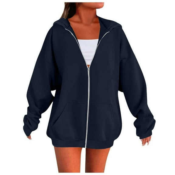 Womens Zip Up Jacket with Hood Pockets Oversized Long Sleeve Hoodie Sweatshirts Full Zipper Jackets Fall Outerwear (XL, Navy)