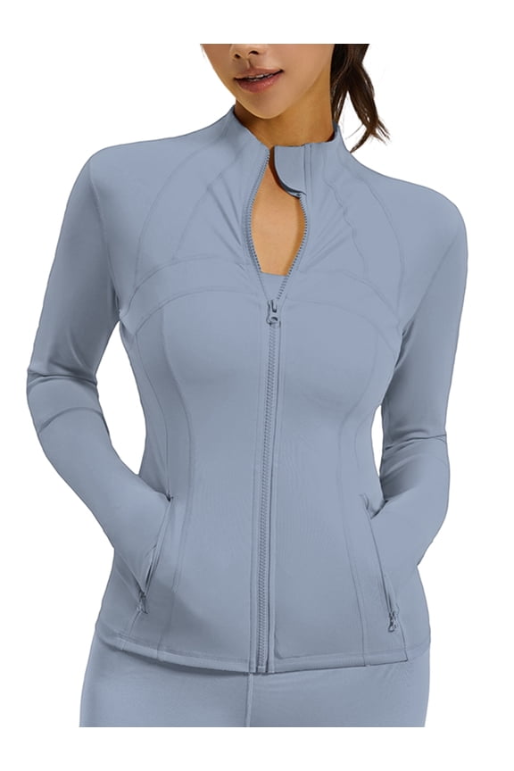 Womens Zip Up Jackets Athletic Hoodies Fall Gym Shirts Running Workout Clothes with Pocket Gray Lake Blue L