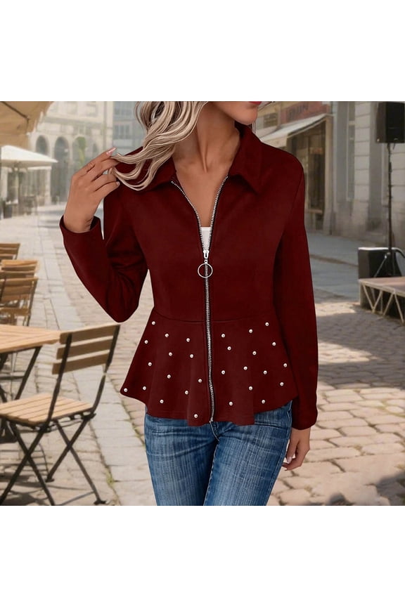 Womens Zip Up Jackets Collar Neck Lightweight A-Line Peplum Jacket Cardigans Long Sleeve Tunic Winter Coats