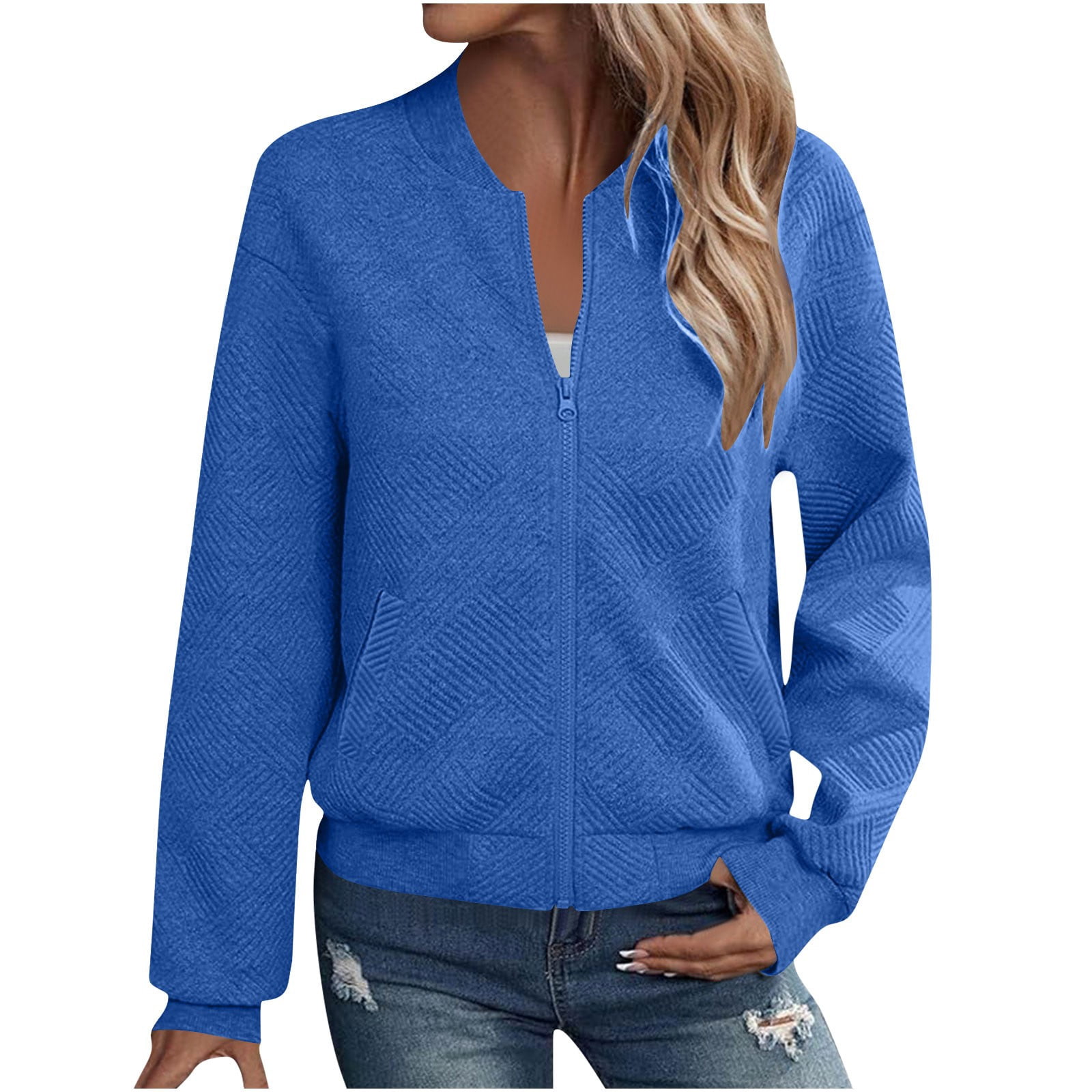 Jacket No Color Womens Zip Up Jackets No Hood Coat Long Sleeve Casual Full Zipper ...
