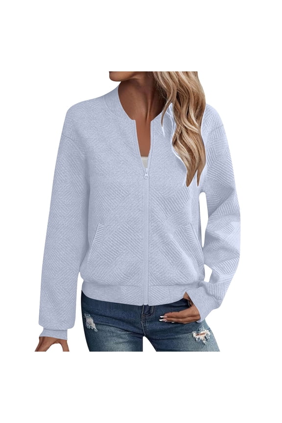 Womens Zip Up Jackets No Hood Coat Long Sleeve Casual Full Zipper Sweatshirt with Pockets Solid Color Fall Clothes (L, Light Blue)