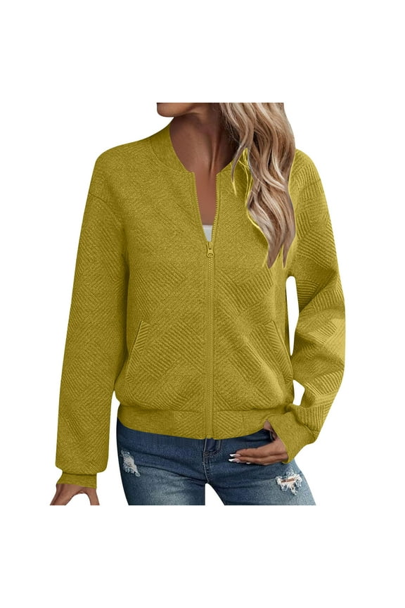 Womens Zip Up Jackets No Hood Coat Long Sleeve Casual Full Zipper Sweatshirt with Pockets Solid Color Fall Clothes (L, Yellow)