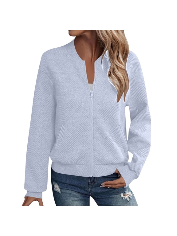 Womens Zip Up Jackets No Hood Coat Long Sleeve Casual Full Zipper Sweatshirt with Pockets Solid Color Fall Clothes (M, Light Blue)