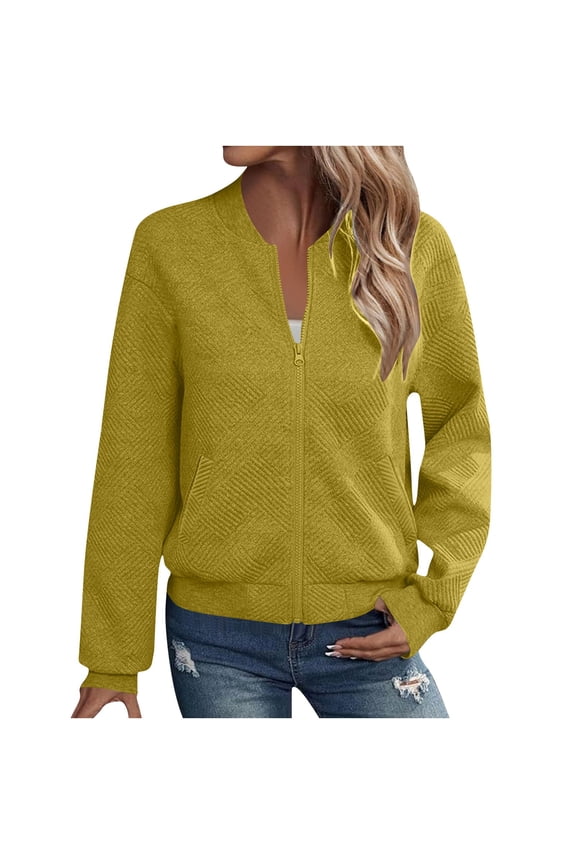 Womens Zip Up Jackets No Hood Coat Long Sleeve Casual Full Zipper Sweatshirt with Pockets Solid Color Fall Clothes (M, Yellow)