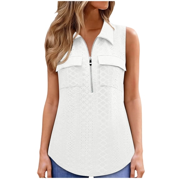 Womens Zip Up Shirt, Eyelet Tops for Women Summer Casual Hollow Solid Color Sleeveless Lapel Tank Tops with Pockets