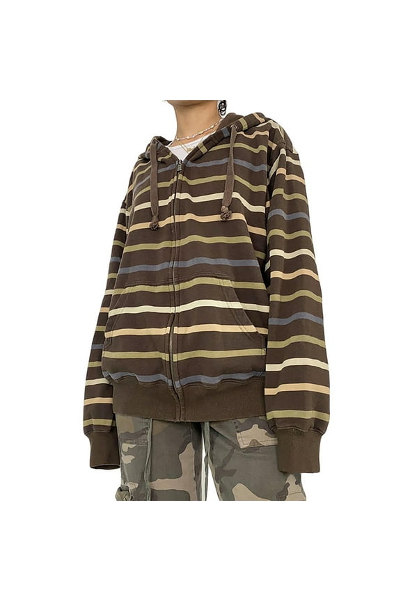 Womens Zip Up Striped Hoodie Sweatshirt Long Sleeve Oversized Casual 90S Y2K E-Girl Streetwear Grunge Jacket
