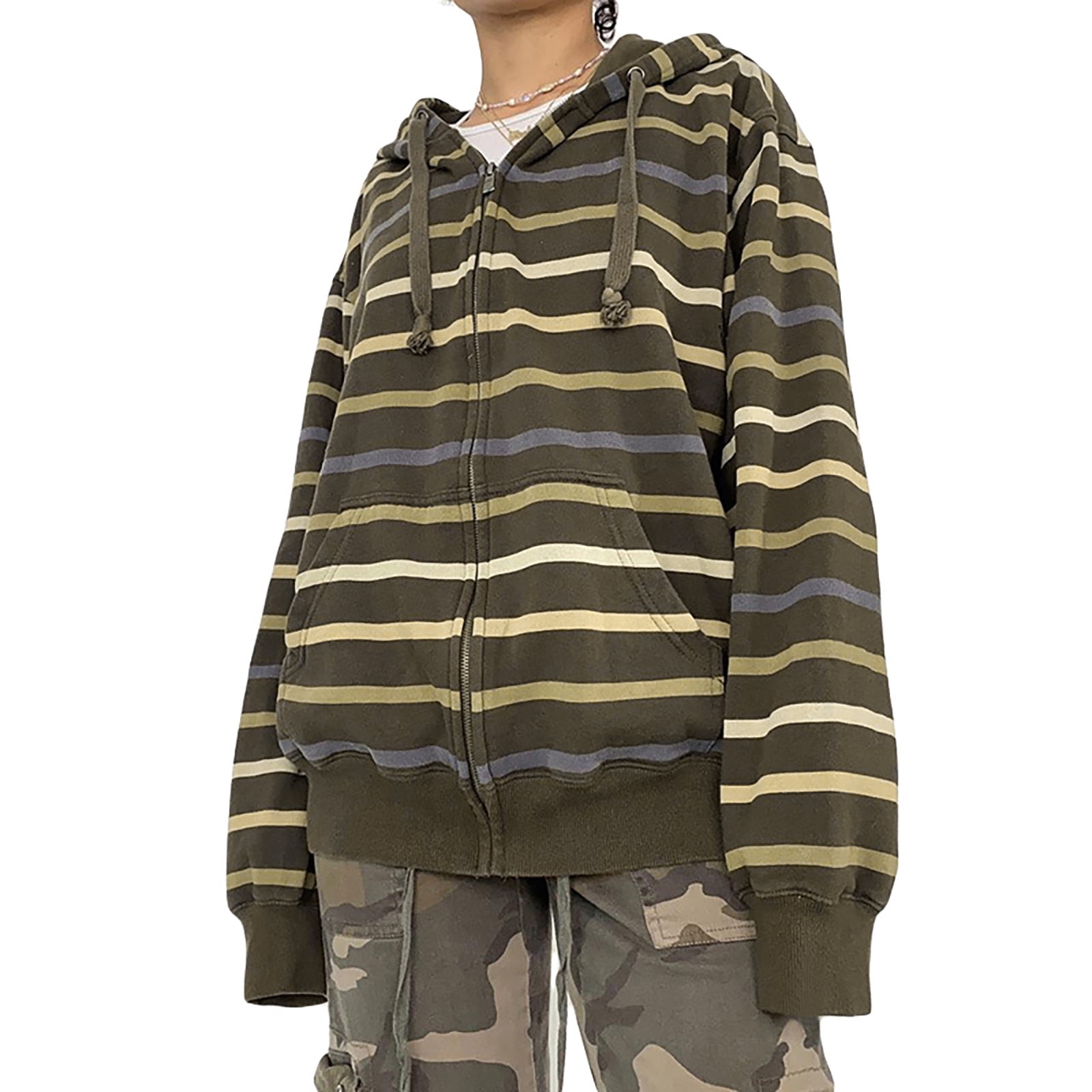 Womens Zip Up Striped Hoodie Sweatshirt Long Sleeve