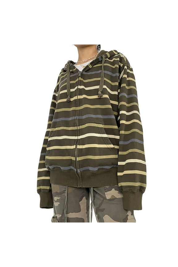 Womens Zip Up Striped Hoodie Sweatshirt Long Sleeve Oversized Casual 90S Y2K E-Girl Streetwear Grunge Jacket
