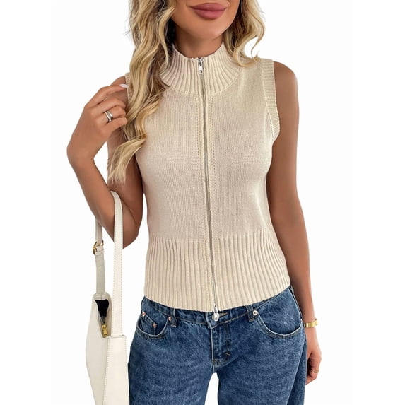 Womens Zip Up Sweater Vest Sleeveless Ribbed Knit V Neck Collared Striped Tank Tops M