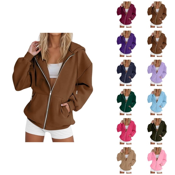 Womens Zip Up Sweatshirt 2026 Fall Winter Plain Long Sleeve Casual Hooded Sweatshirt Jacket Coat Outerwear with Pockets