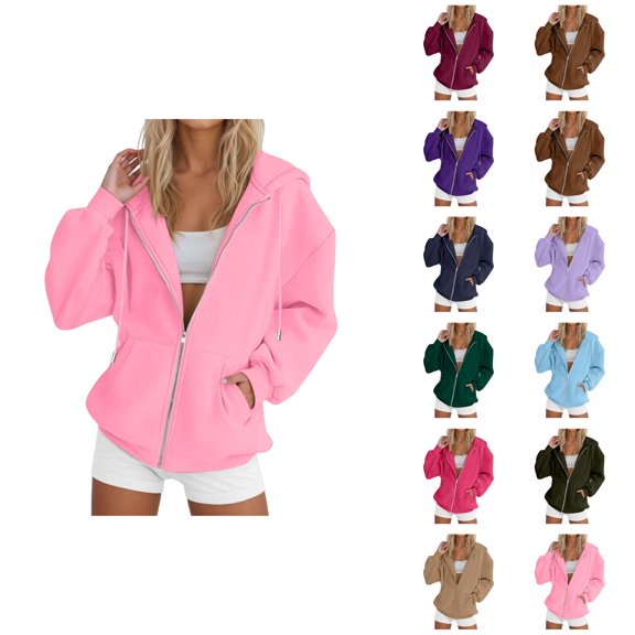 Womens Zip Up Sweatshirt 2026 Fall Winter Plain Long Sleeve Casual Hooded Sweatshirt Jacket Coat Outerwear with Pockets