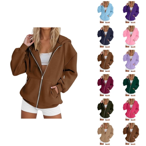 Womens Zip Up Sweatshirt 2026 Fall Winter Plain Long Sleeve Casual Hooded Sweatshirt with Pockets Jacket Coat Outerwear