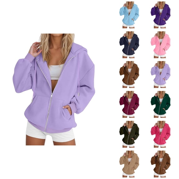 Womens Zip Up Sweatshirt 2026 Fall Winter Plain Long Sleeve Casual Hooded Sweatshirt with Pockets Jacket Coat Outerwear