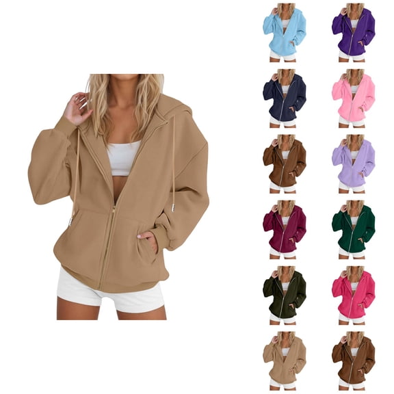 Womens Zip Up Sweatshirt 2026 Fall Winter Plain Long Sleeve Casual Hooded Sweatshirt with Pockets Jacket Coat Outerwear