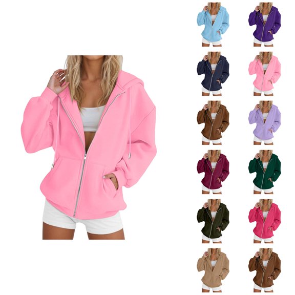 Womens Zip Up Sweatshirt 2026 Fall Winter Plain Long Sleeve Casual Hooded Sweatshirt with Pockets Jacket Coat Outerwear
