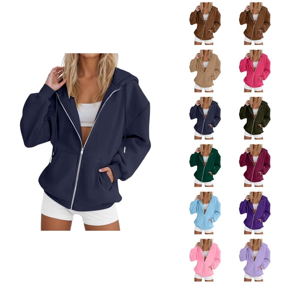 Womens Zip Up Sweatshirt 2026 Fall Winter Plain Long Sleeve Casual Hoodie Sweatshirt Jacket Coat Outerwear with Pockets