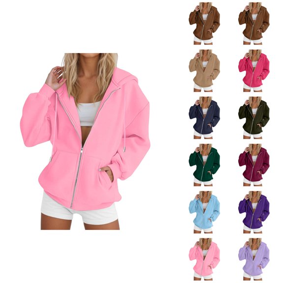 Womens Zip Up Sweatshirt 2026 Fall Winter Plain Long Sleeve Casual Hoodie Sweatshirt Jacket Coat Outerwear with Pockets