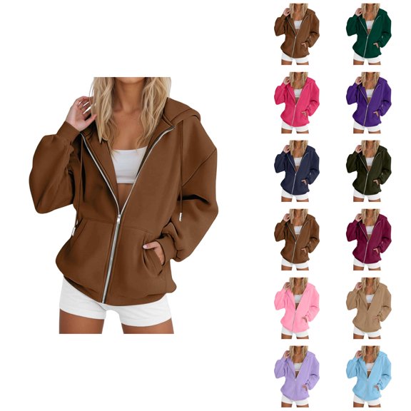 Womens Zip Up Sweatshirt 2026 Fall Winter Solid Color Casual Long Sleeve Hooded Sweatshirt Jacket Coat Outerwear with Pockets