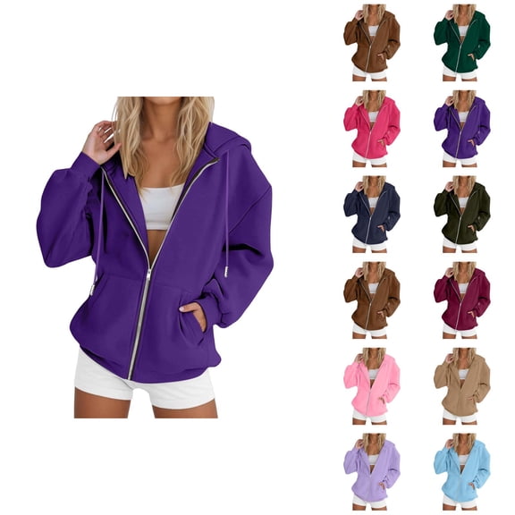 Womens Zip Up Sweatshirt 2026 Fall Winter Solid Color Casual Long Sleeve Hooded Sweatshirt Jacket Coat Outerwear with Pockets