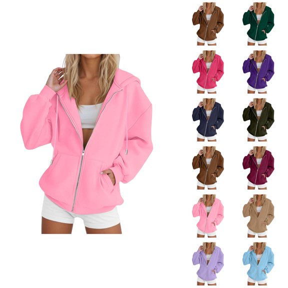 Womens Zip Up Sweatshirt 2026 Fall Winter Solid Color Casual Long Sleeve Hooded Sweatshirt Jacket Coat Outerwear with Pockets